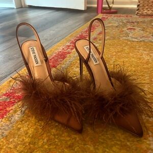 Steve Madden brown satin and feather heels